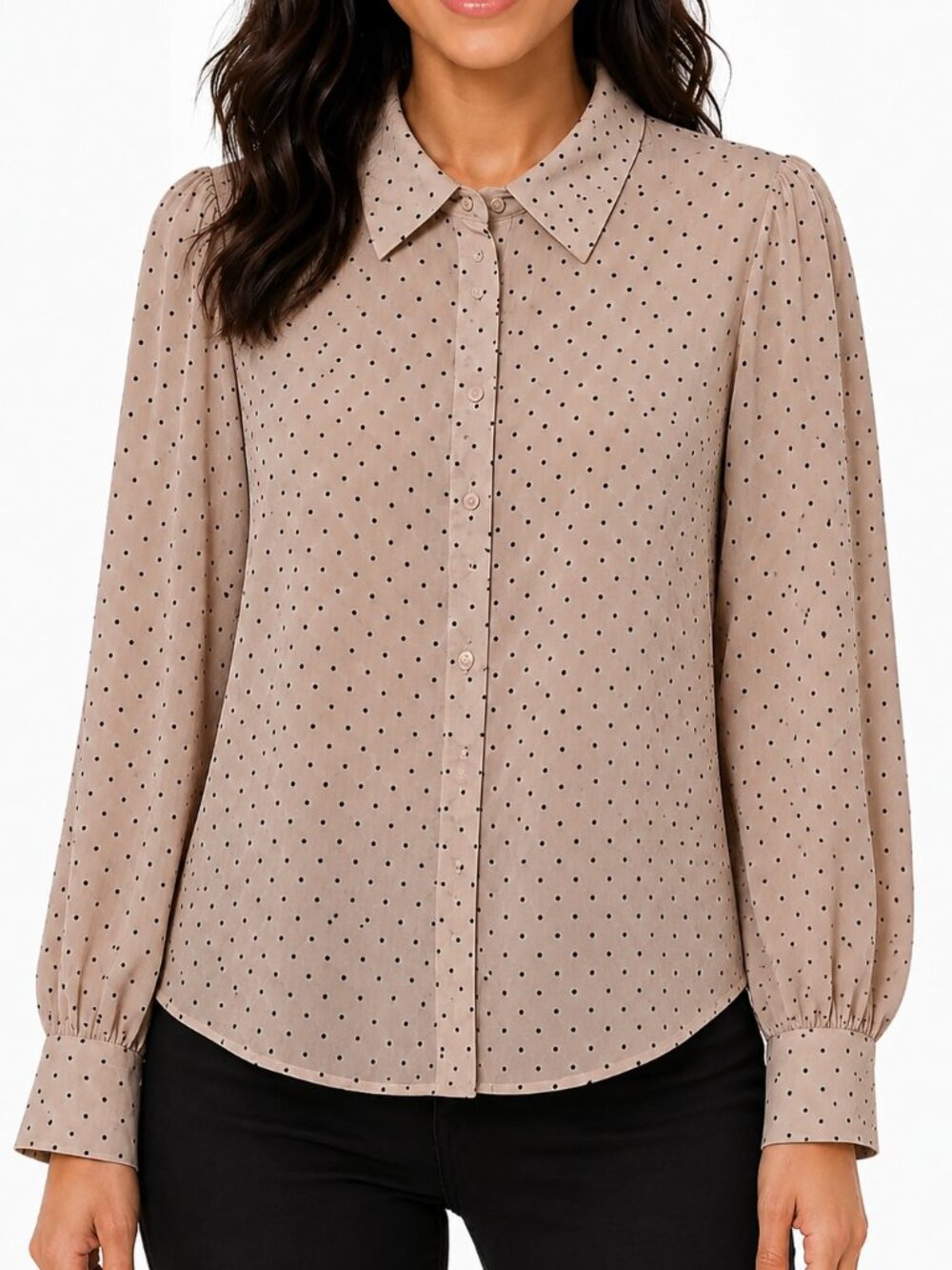 Lulu's Sheer Taupe Pink Polka Dot Swiss Button-Down Blouse
